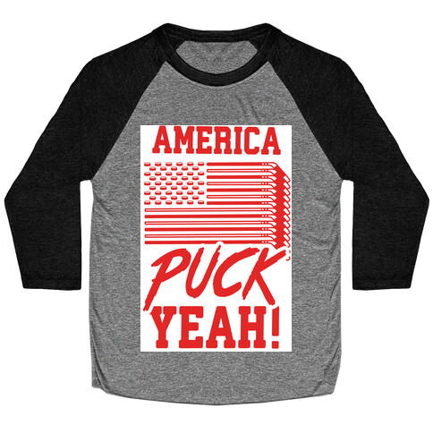 America Puck Yeah Hockey Flag Baseball Tee