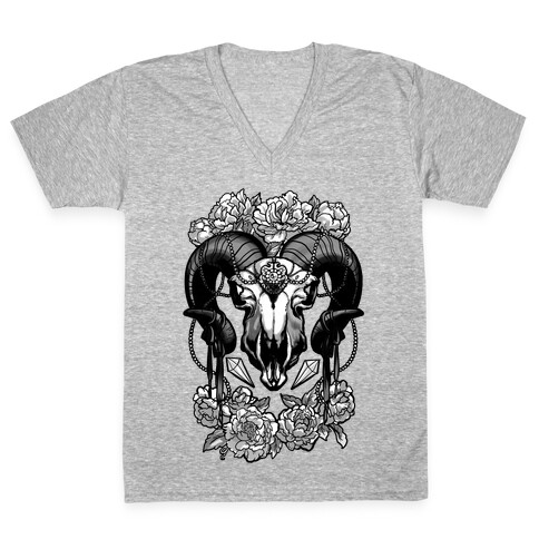 Flowery Ram Skull V-Neck Tee Shirt