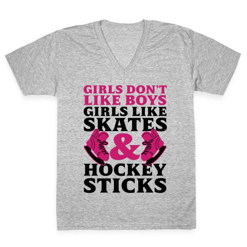 Girls Dont Like Boys Girls Like Hockey V-Neck Tee Shirt