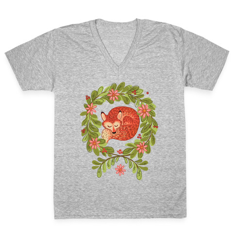 Sleeping Fox Wreath V-Neck Tee Shirt