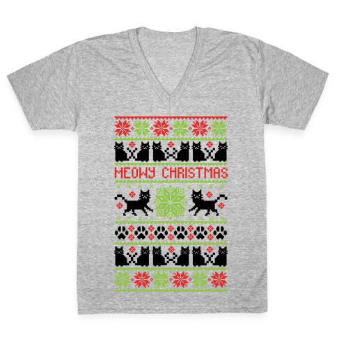 Meowy Christmas Cat Sweater Pattern V-Neck Tee Shirt