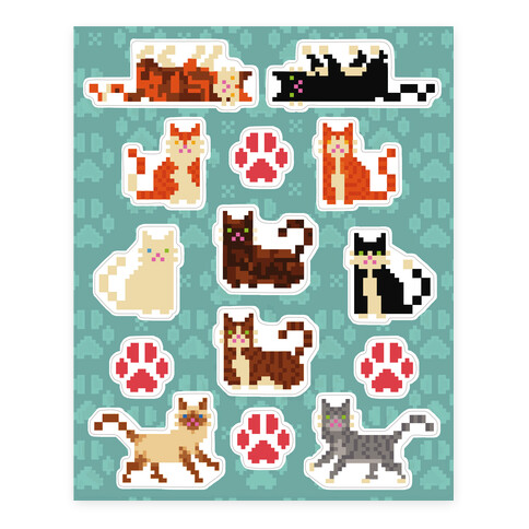 Cute Pixel Kitty Cat  Stickers and Decal Sheet