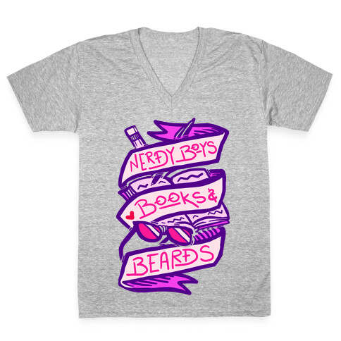 Nerdy Boys Books And Beards V-Neck Tee Shirt