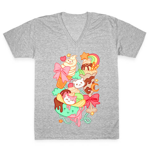 Cute Cat Sundae & Kawaii Ice Cream V-Neck Tee Shirt