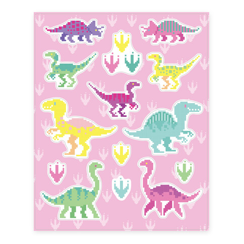 Cute Pastel Pixel Dinosaur  Stickers and Decal Sheet