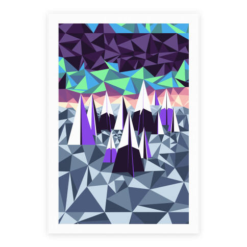 Geometric Winter Mountains and the Northern Lights Poster