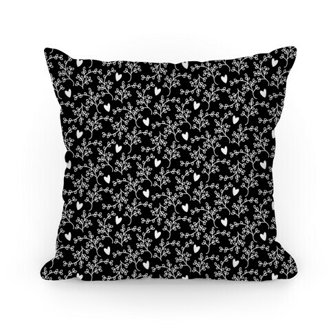 Black and White Floral Hearts Pattern Pillow