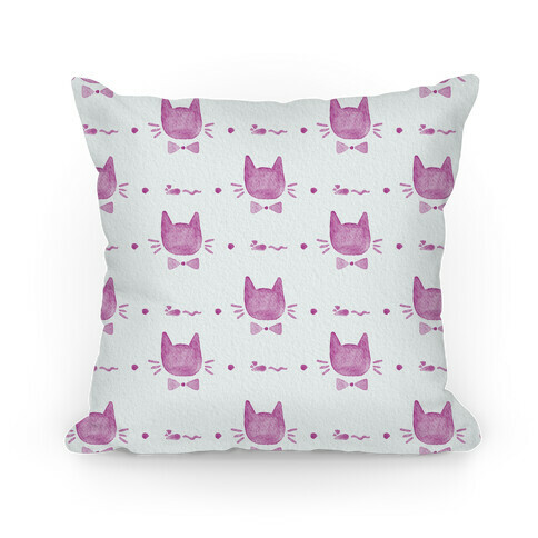 Pink Watercolor Cat Bow Tie Pattern Pillow