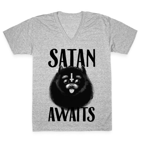 Satan Awaits Pomeranian V-Neck Tee Shirt