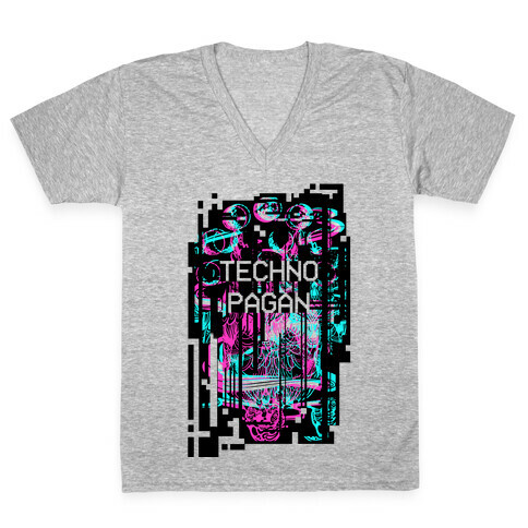 Techno Pagan Glitch Art V-Neck Tee Shirt