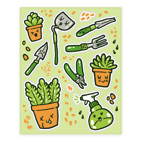 Kawaii Plants and Gardening Tools  Stickers and Decal Sheet