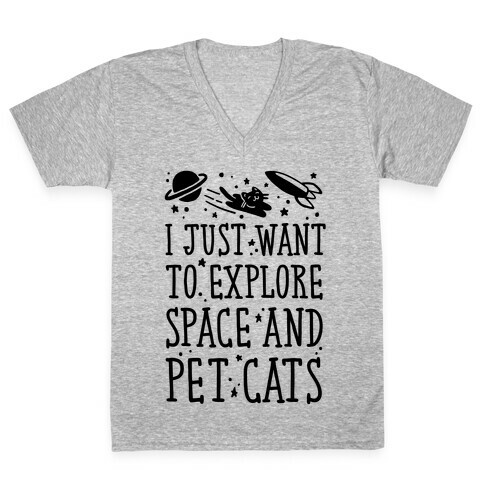 Explore Space and Pet Cats V-Neck Tee Shirt