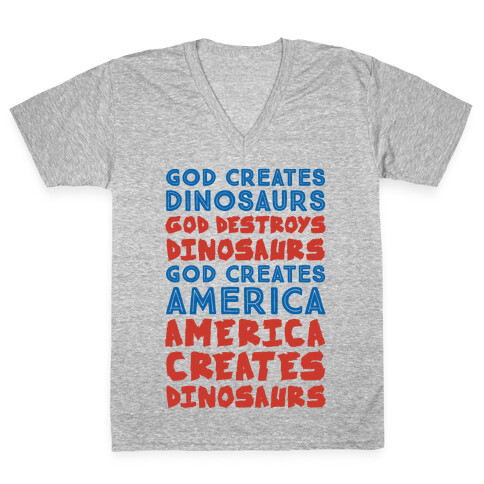 God Creates America & America Creates Dinosaurs V-Neck Tee Shirt