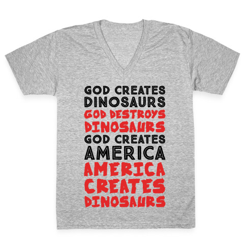 God Creates America & America Creates Dinosaurs V-Neck Tee Shirt