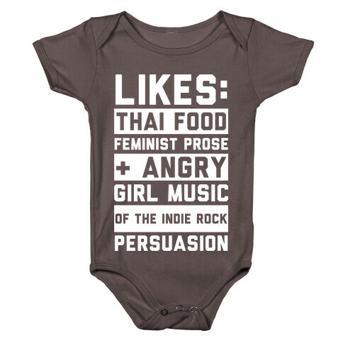 Likes Thai Food, Feminist Prose, and Angry Girl Music of the Indie Rock Persuasion Baby One-Piece