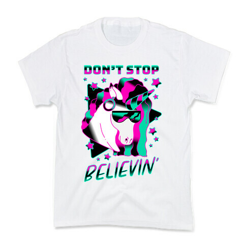 Don't Stop Believin' 80s Synthwave Unicorn Kids T-Shirt